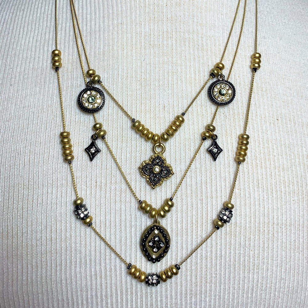 Chicos multi strand necklace gold tone crystals boho